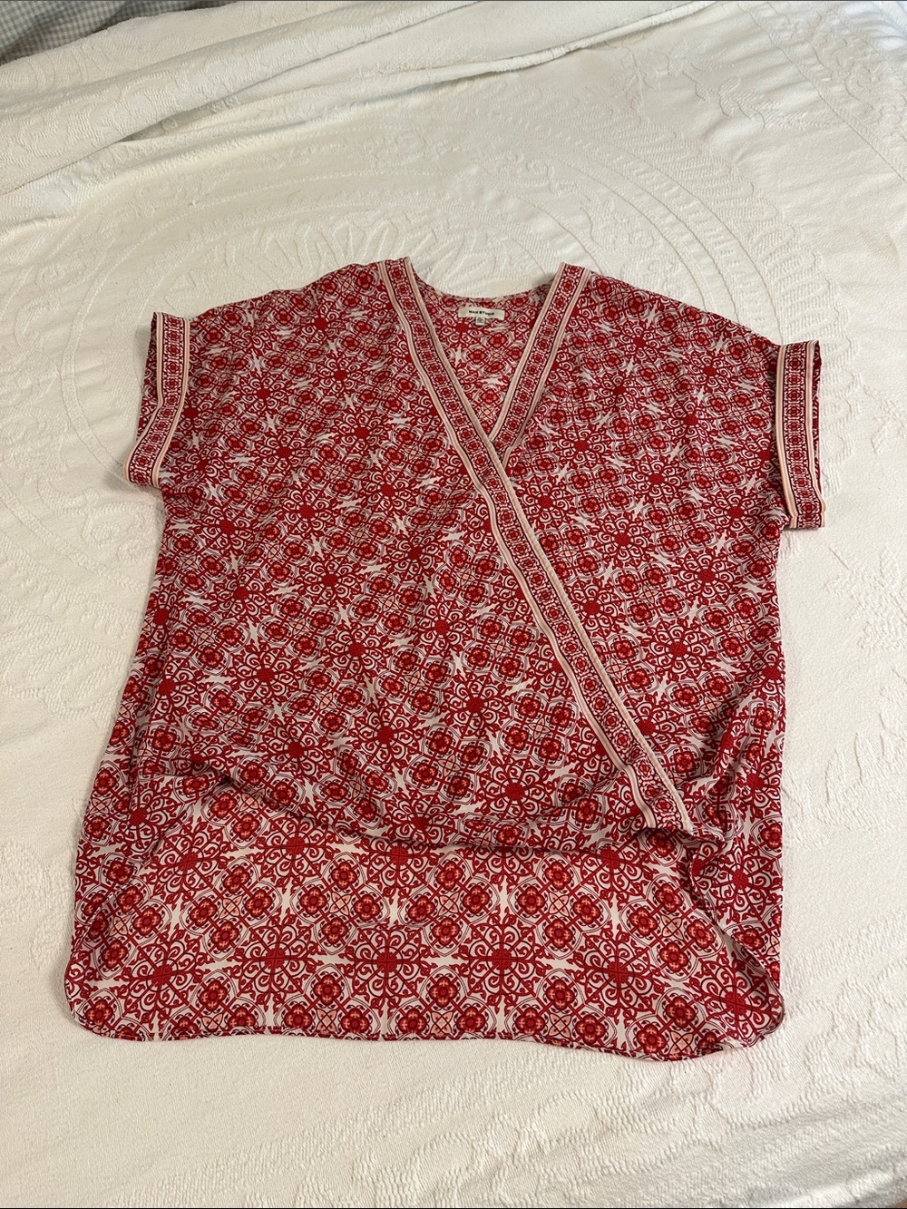 Max Studio Red and White Wrap-Style Tunic Top